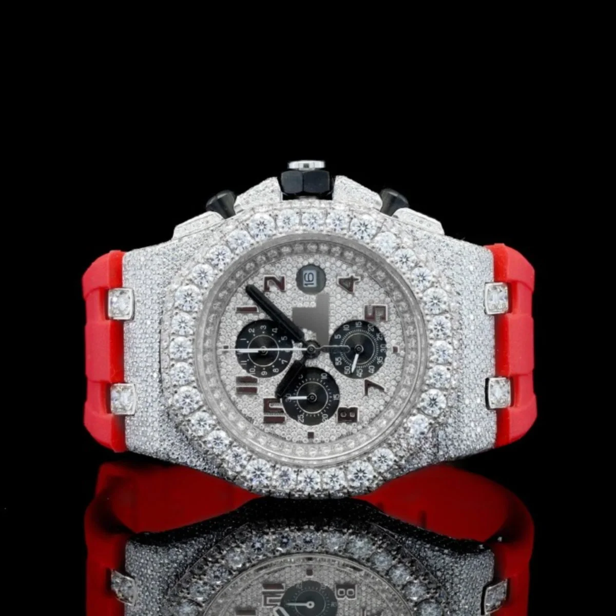 Fabulous Iced Out Red Rubber Belt Automatic Moissanite Wrist Watch (view 2 of 5)