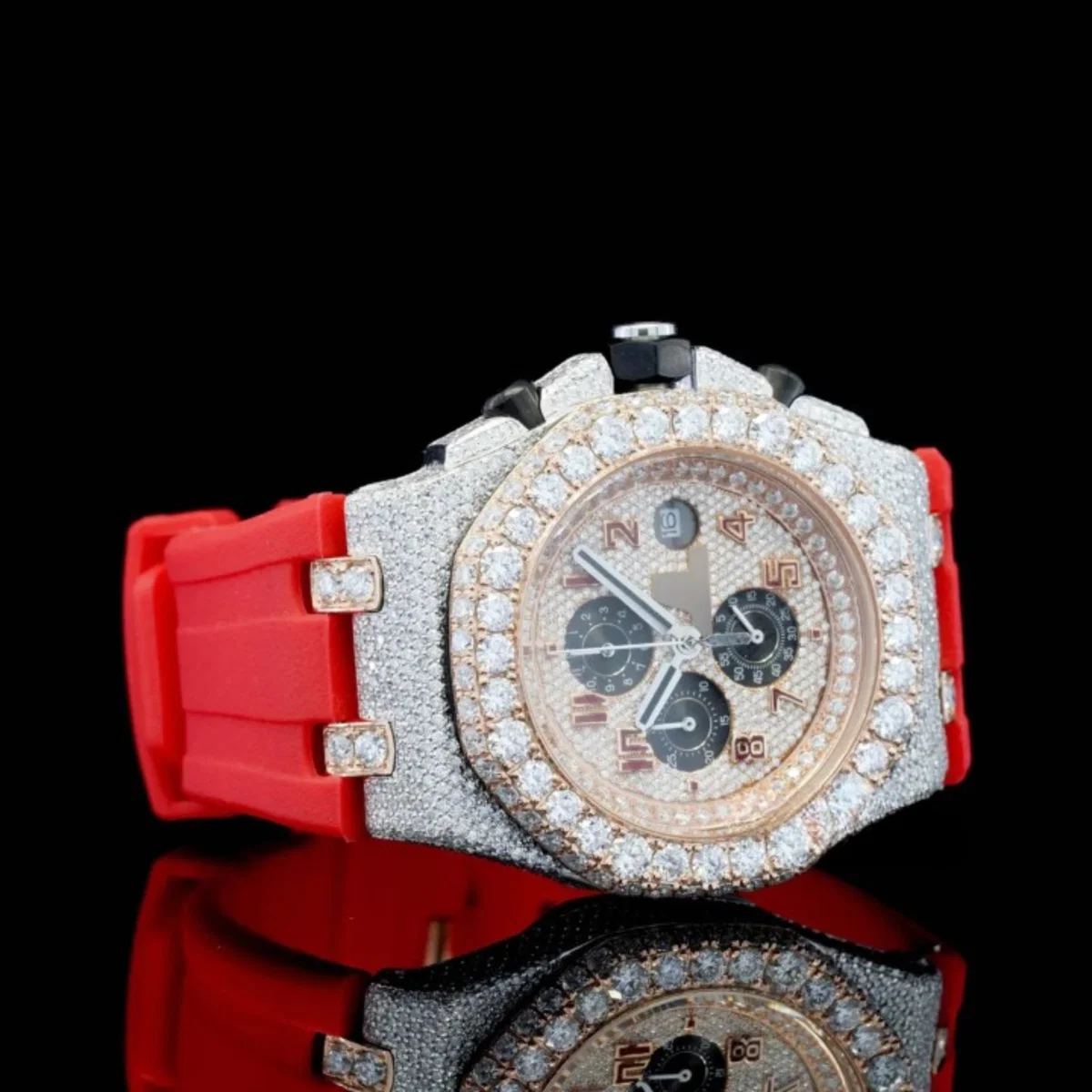 Fabulous Iced Out Red Rubber Belt Automatic Moissanite Wrist Watch (view 3 of 5)