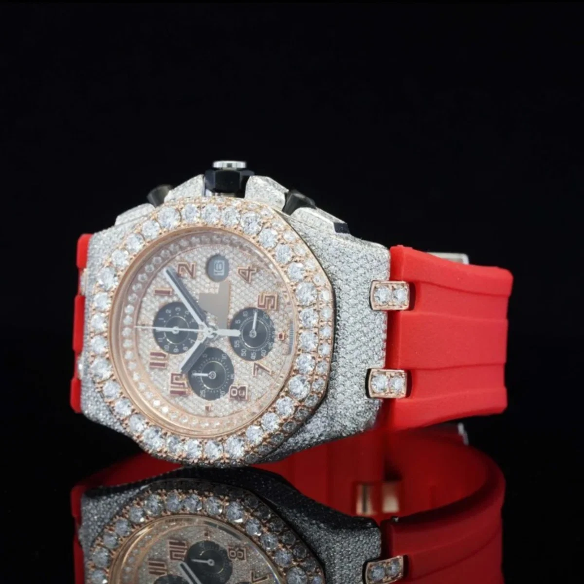 Fabulous Iced Out Red Rubber Belt Automatic Moissanite Wrist Watch (view 4 of 5)