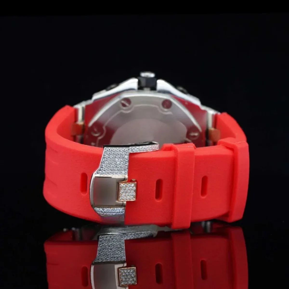Fabulous Iced Out Red Rubber Belt Automatic Moissanite Wrist Watch (view 5 of 5)