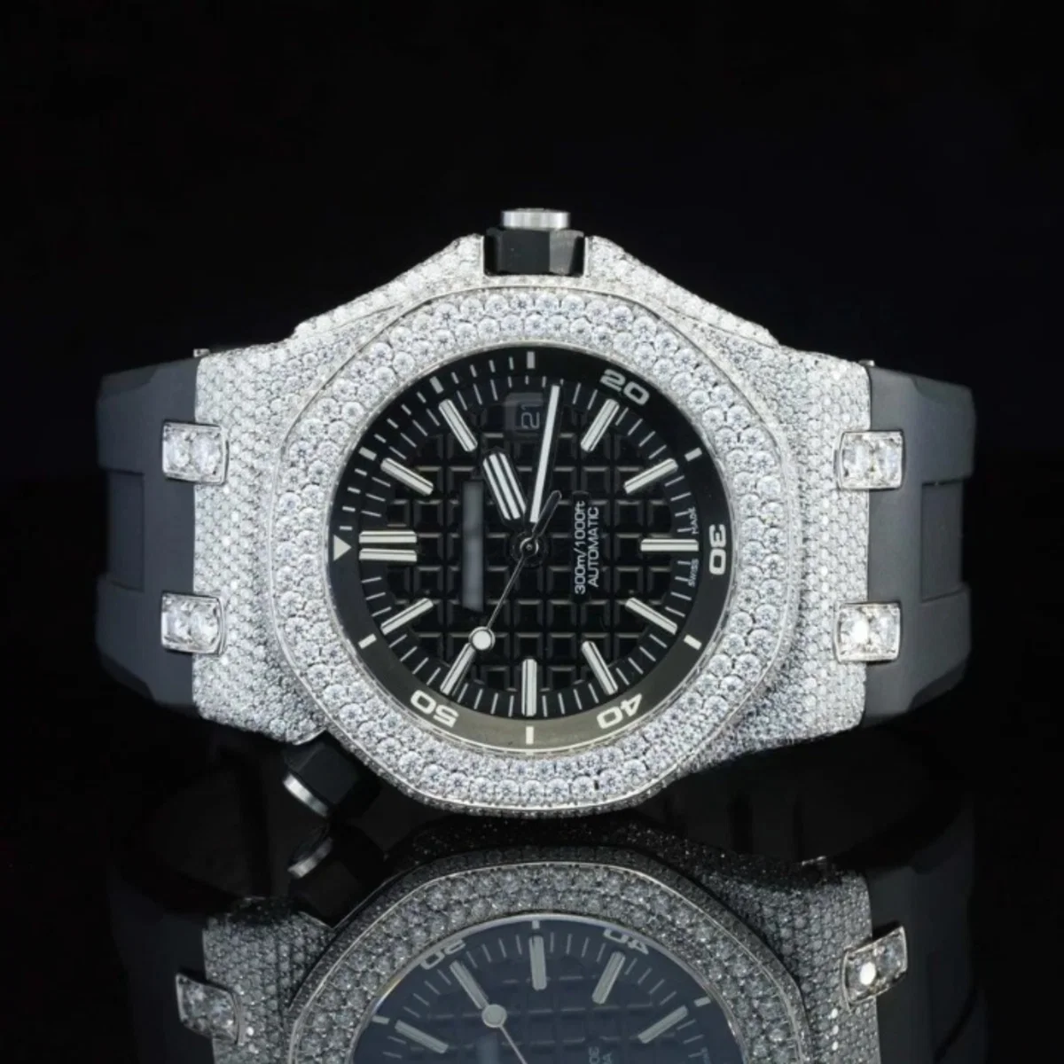 Fabulous Moissanite Wrist Watch With Black Color Belt For Men (view 3 of 6)