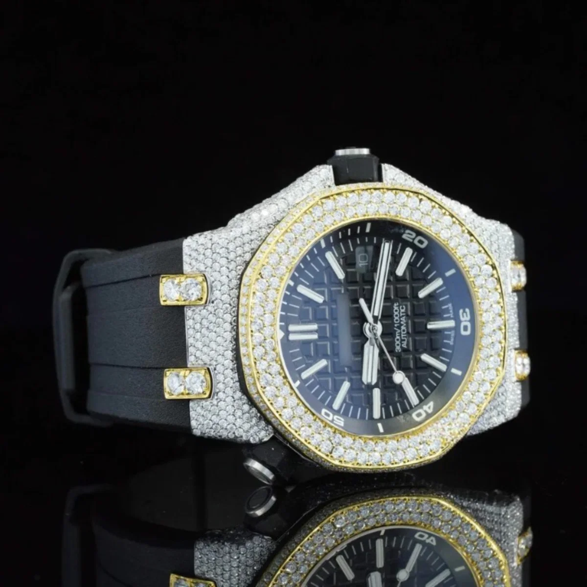 Fabulous Moissanite Wrist Watch With Black Color Belt For Men (view 4 of 6)
