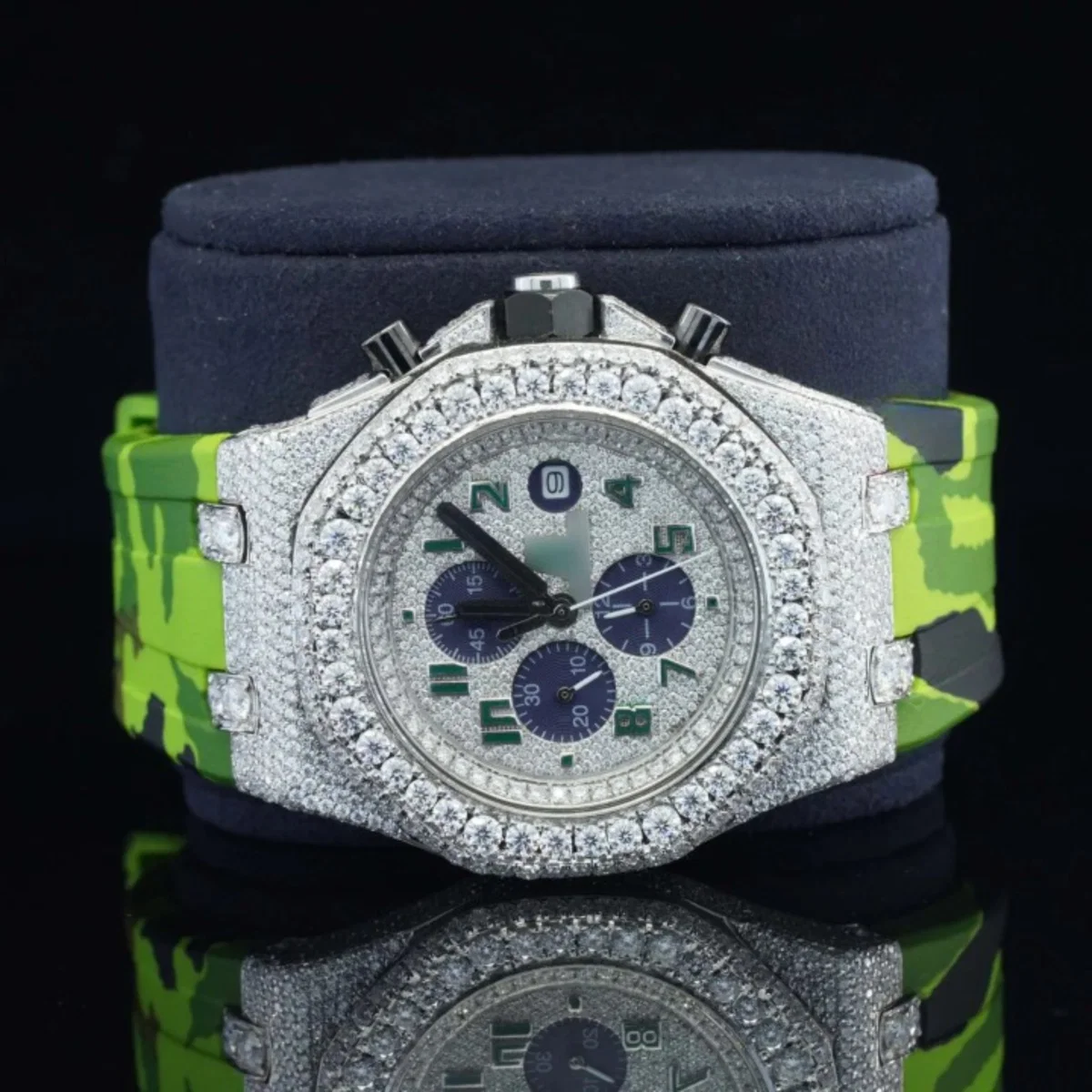 Fancy Chronograph Moissanite Diamond Iced Out Green Color Belt Watch (view 2 of 5)