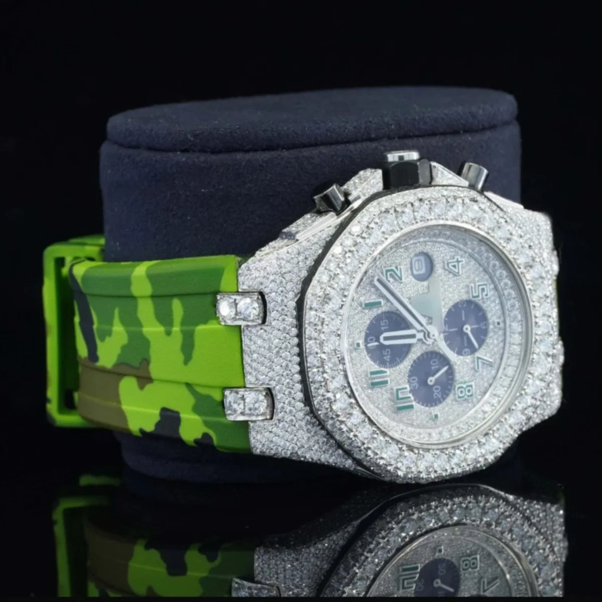 Fancy Chronograph Moissanite Diamond Iced Out Green Color Belt Watch (view 3 of 5)