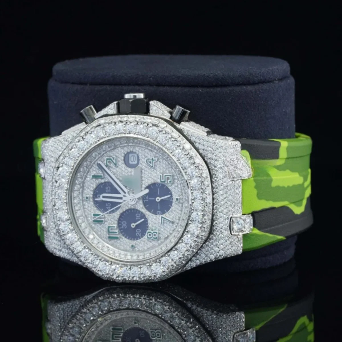 Fancy Chronograph Moissanite Diamond Iced Out Green Color Belt Watch (view 4 of 5)