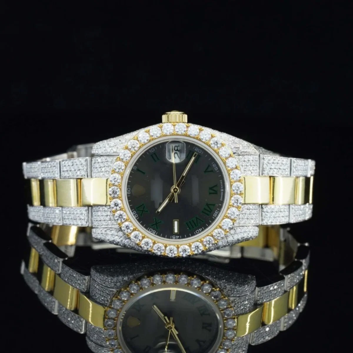 Fantastic Black Dial Iced Out Moissanite Watch Automatic Two Tone Watch For Women