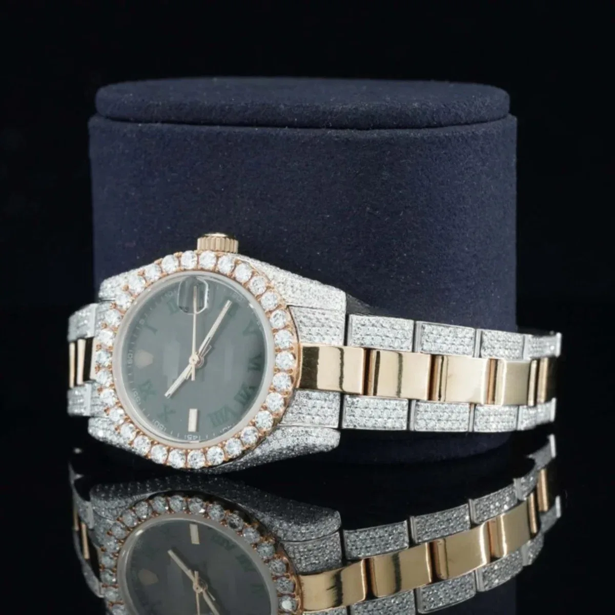 Fantastic Black Dial Iced Out Moissanite Watch Automatic Two Tone Watch For Women (view 5 of 6)