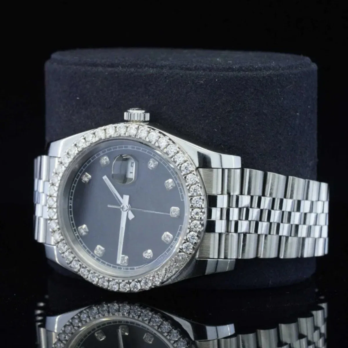 Formal Black Dial Partial Moissanite Diamond Watch For Men (view 3 of 4)