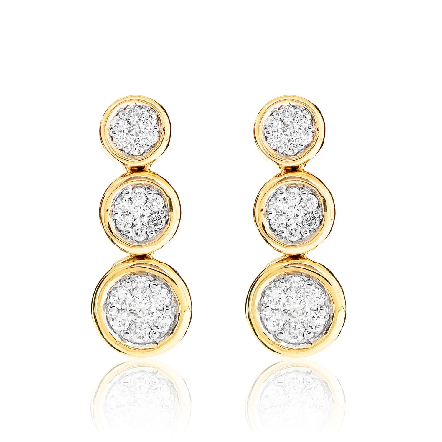 Graduated Cluster Diamond Bezel Dangle Earrings - in yellow gold