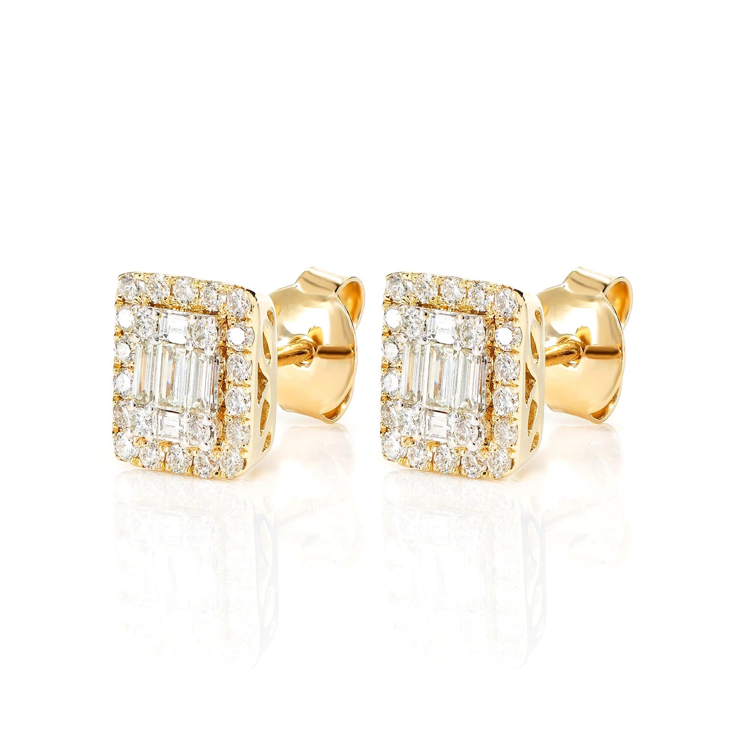 Halo Diamond Baguette Stud Earrings 0.70ctw - in yellow gold (view 4 of 9)