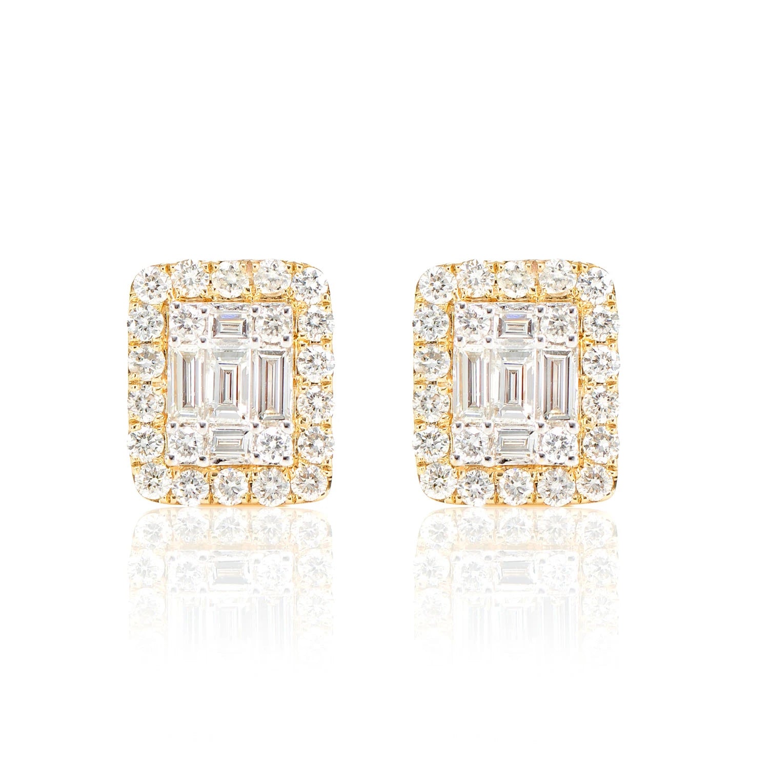 Halo Diamond Baguette Stud Earrings - in yellow gold