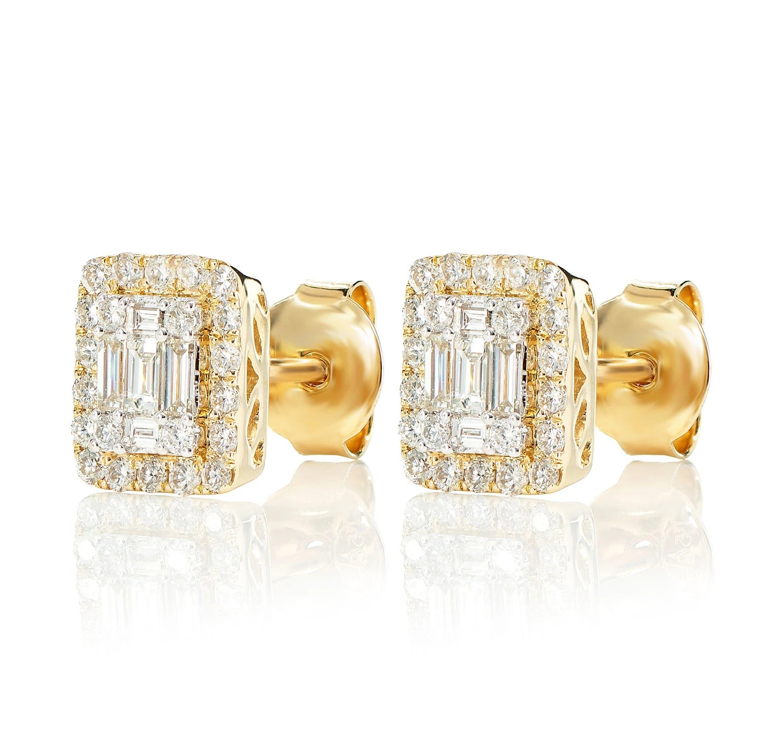 Halo Diamond Baguette Stud Earrings - in yellow gold (view 3 of 9)