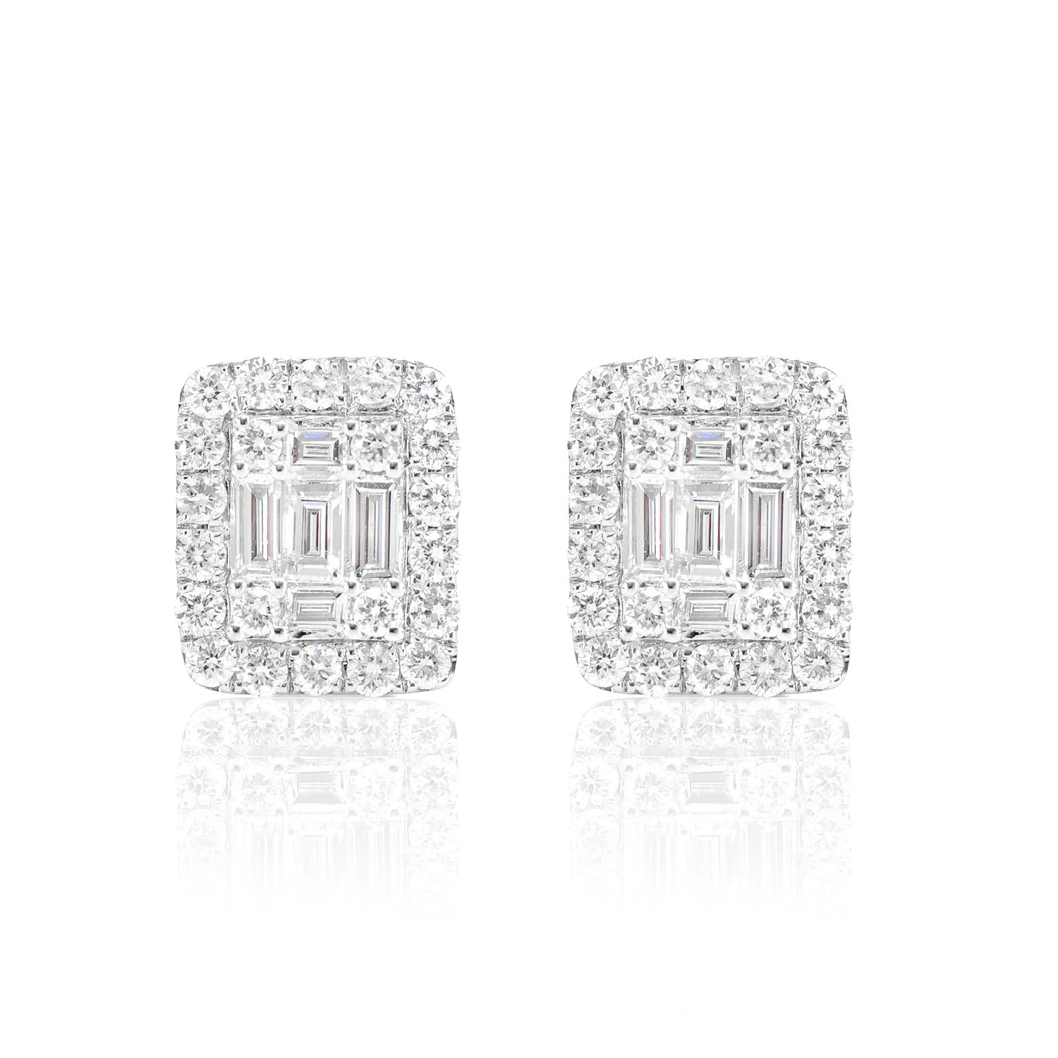 Halo Diamond Baguette Stud Earrings - in yellow gold (view 4 of 9)