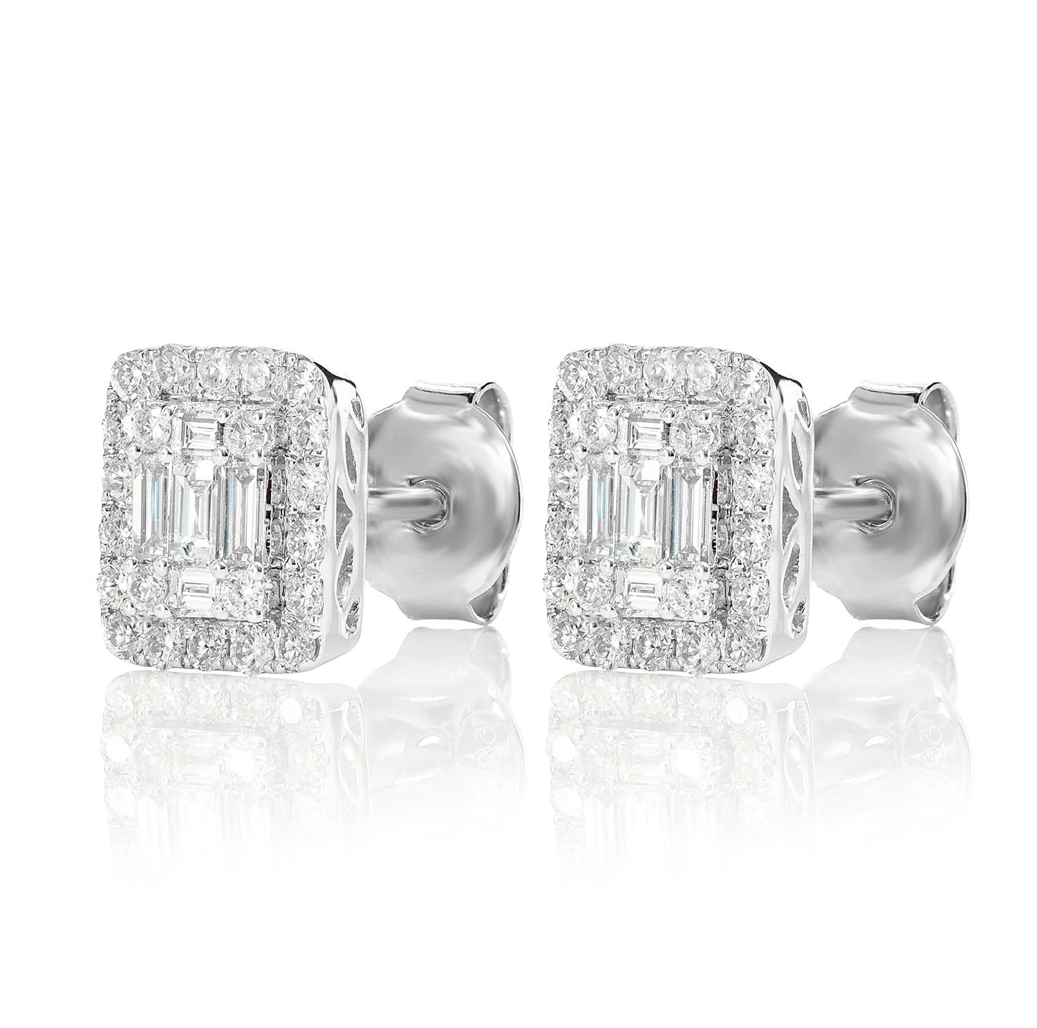 Halo Diamond Baguette Stud Earrings - in yellow gold (view 6 of 9)