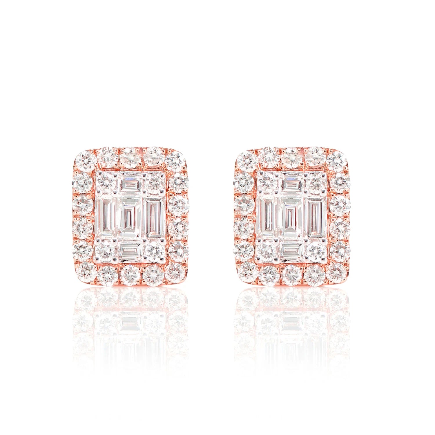 Halo Diamond Baguette Stud Earrings - in yellow gold (view 7 of 9)