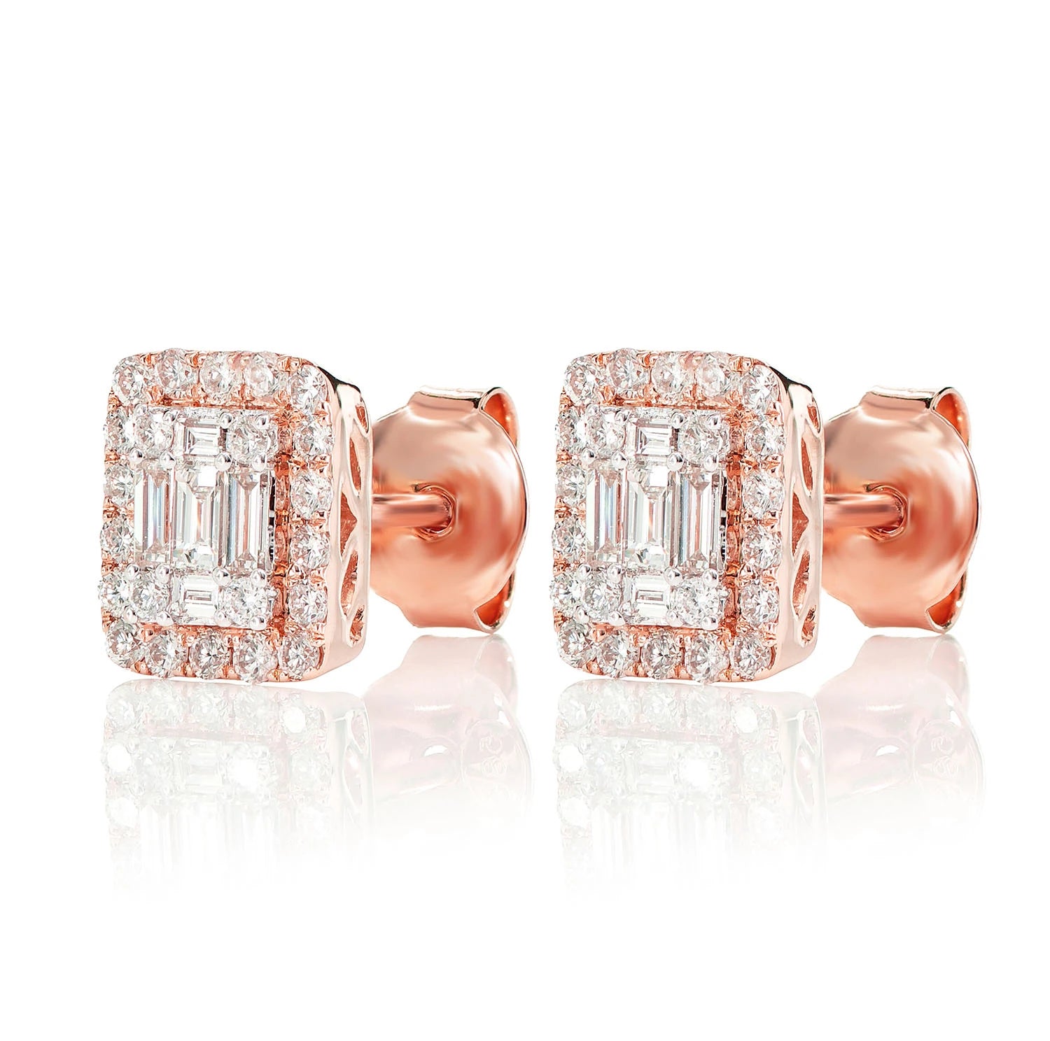 Halo Diamond Baguette Stud Earrings - in yellow gold (view 9 of 9)