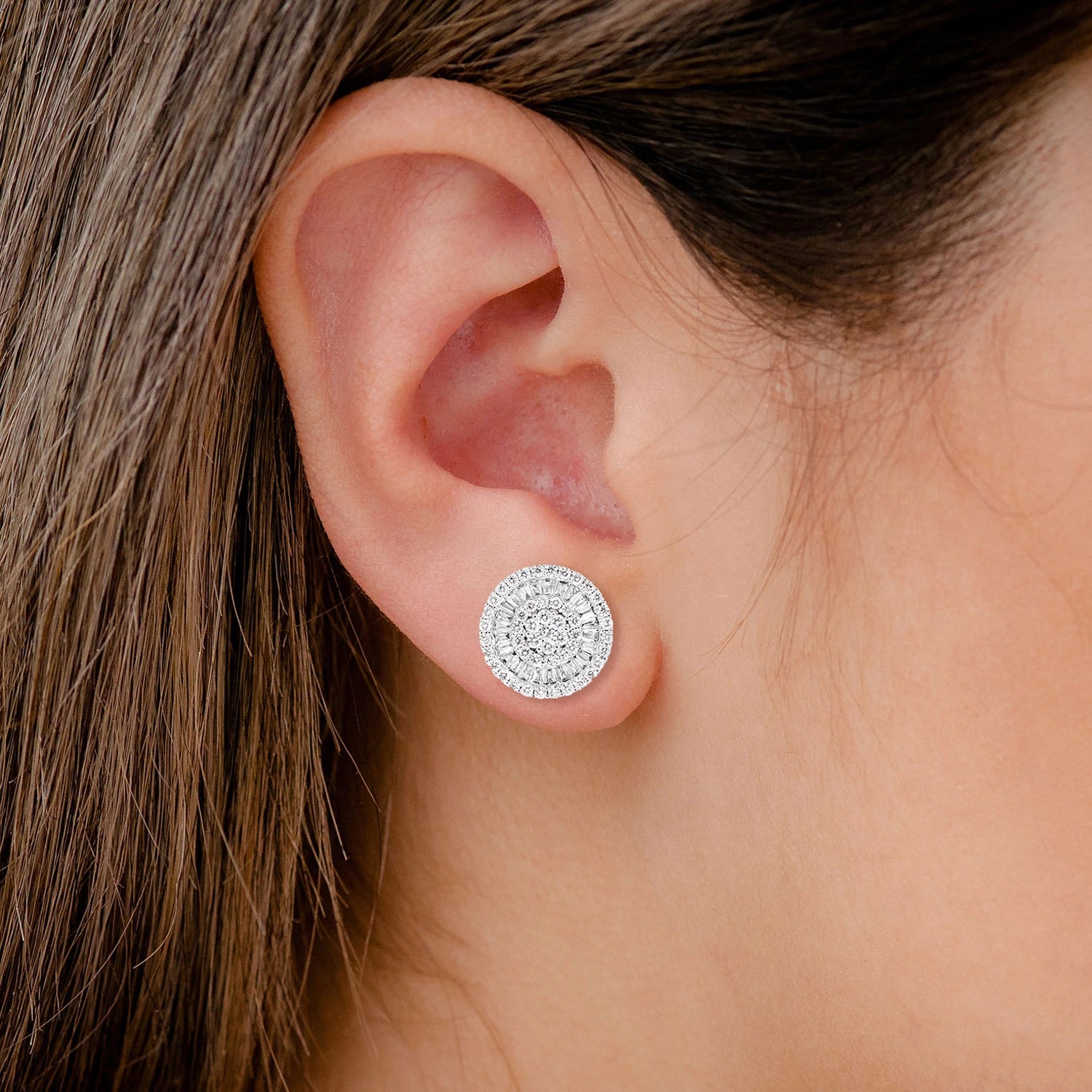 Halo Miracle Diamond Baguette Stud Earrings - in white gold (view 2 of 2)
