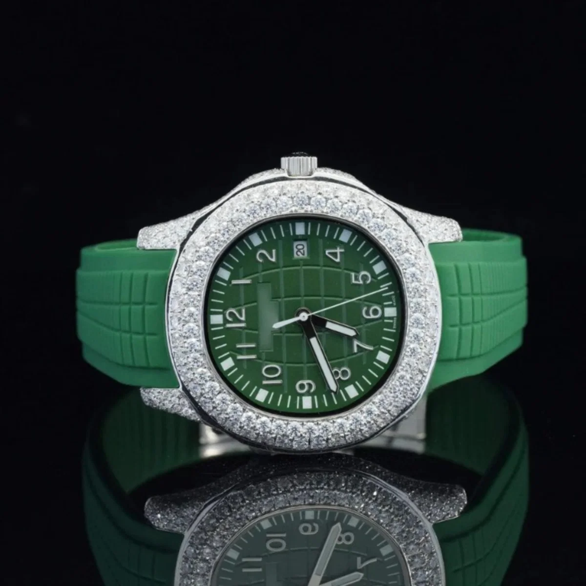Iced Out Green Color Belt Automatic Moissanite Diamond Watch For Men