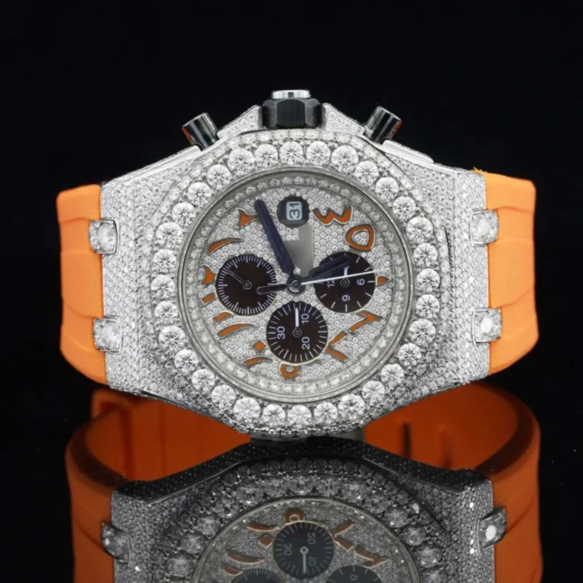 Iced Out Moissanite Diamond Orange Belt Chronograph Wrist Watch For Men