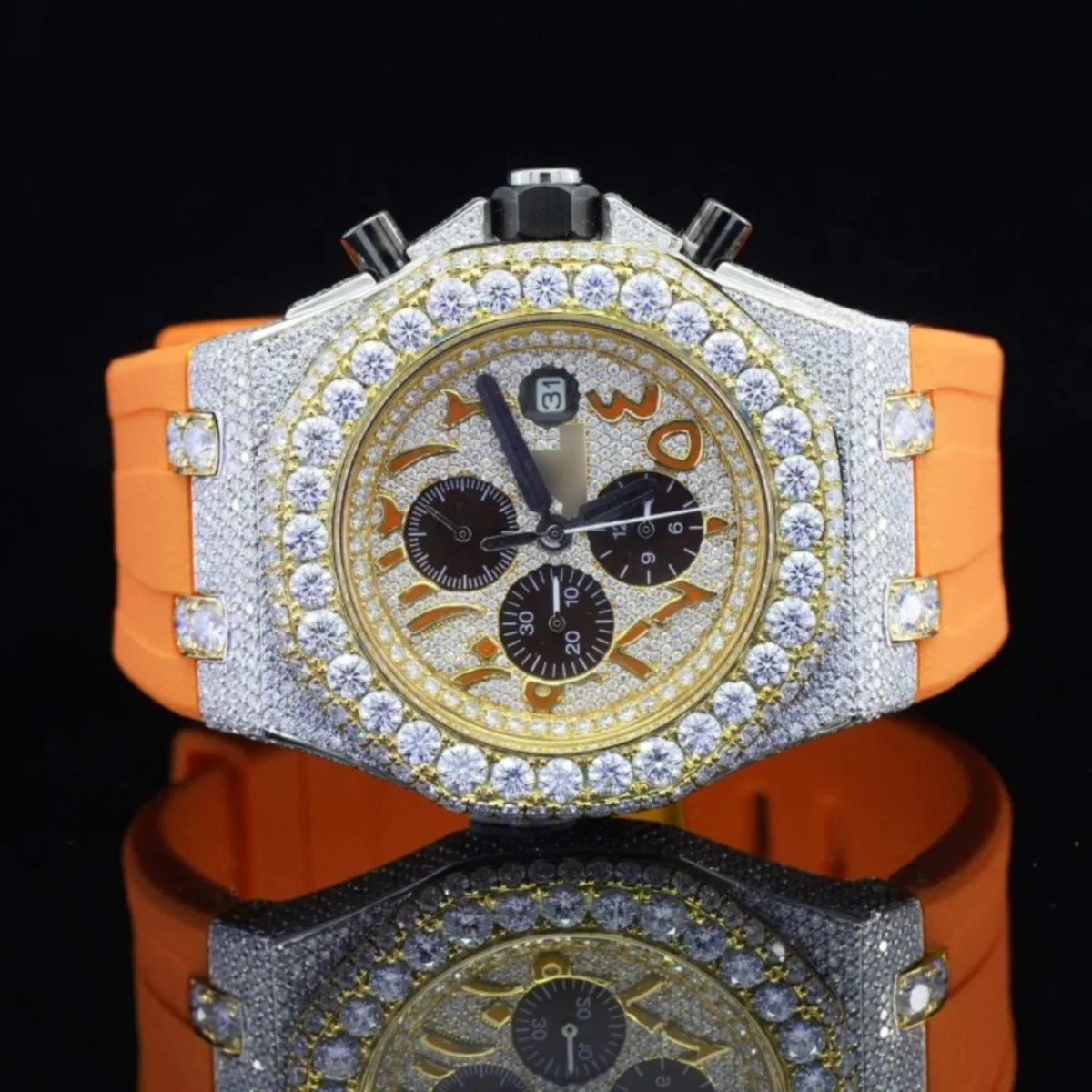 Iced Out Moissanite Diamond Orange Belt Chronograph Wrist Watch For Men (view 3 of 7)
