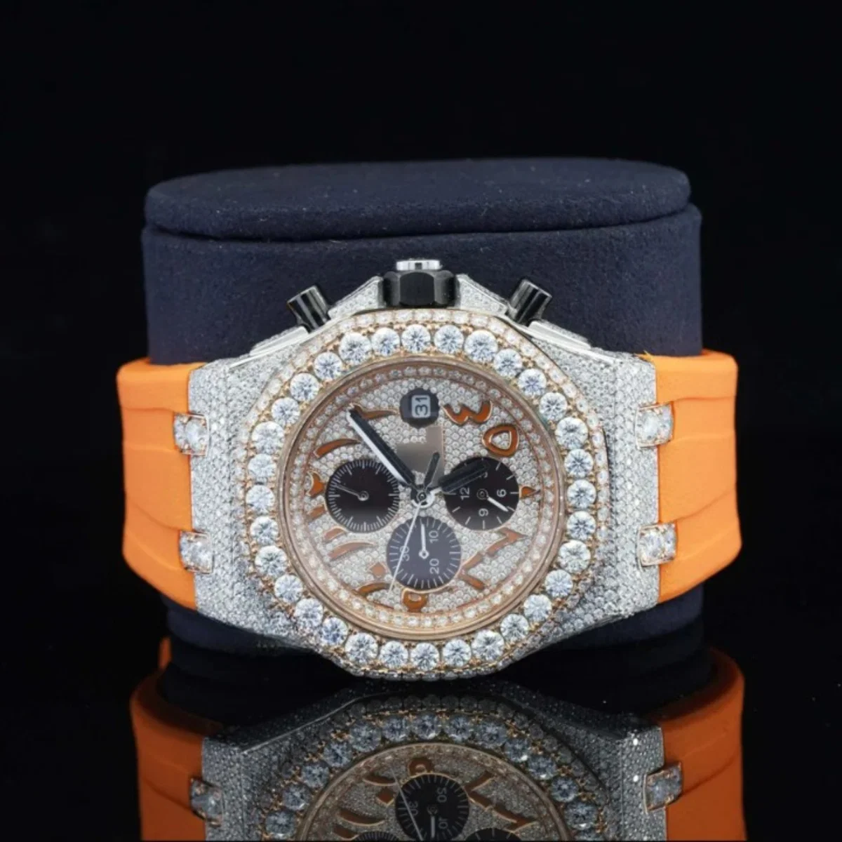 Iced Out Moissanite Diamond Orange Belt Chronograph Wrist Watch For Men (view 4 of 7)