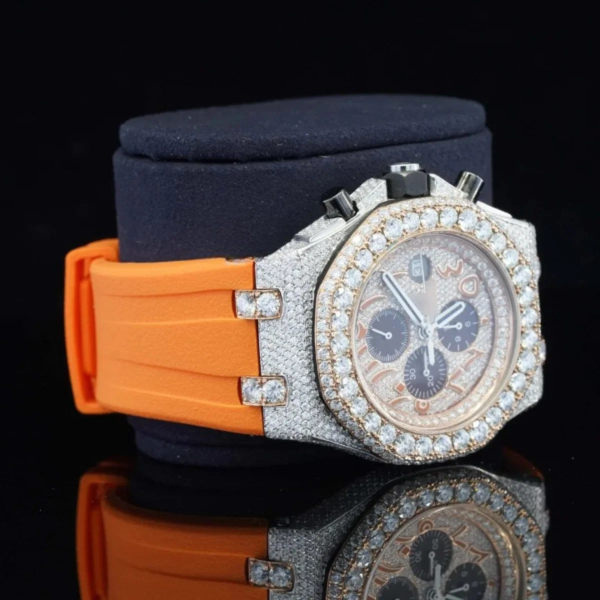 Iced Out Moissanite Diamond Orange Belt Chronograph Wrist Watch For Men (view 5 of 7)