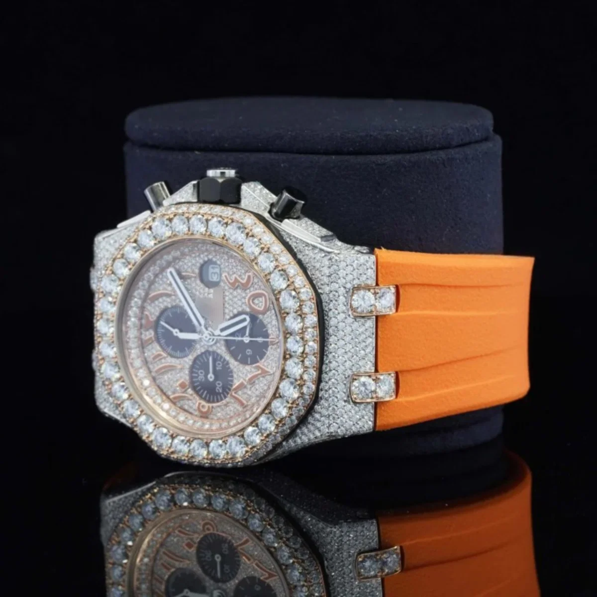 Iced Out Moissanite Diamond Orange Belt Chronograph Wrist Watch For Men (view 6 of 7)