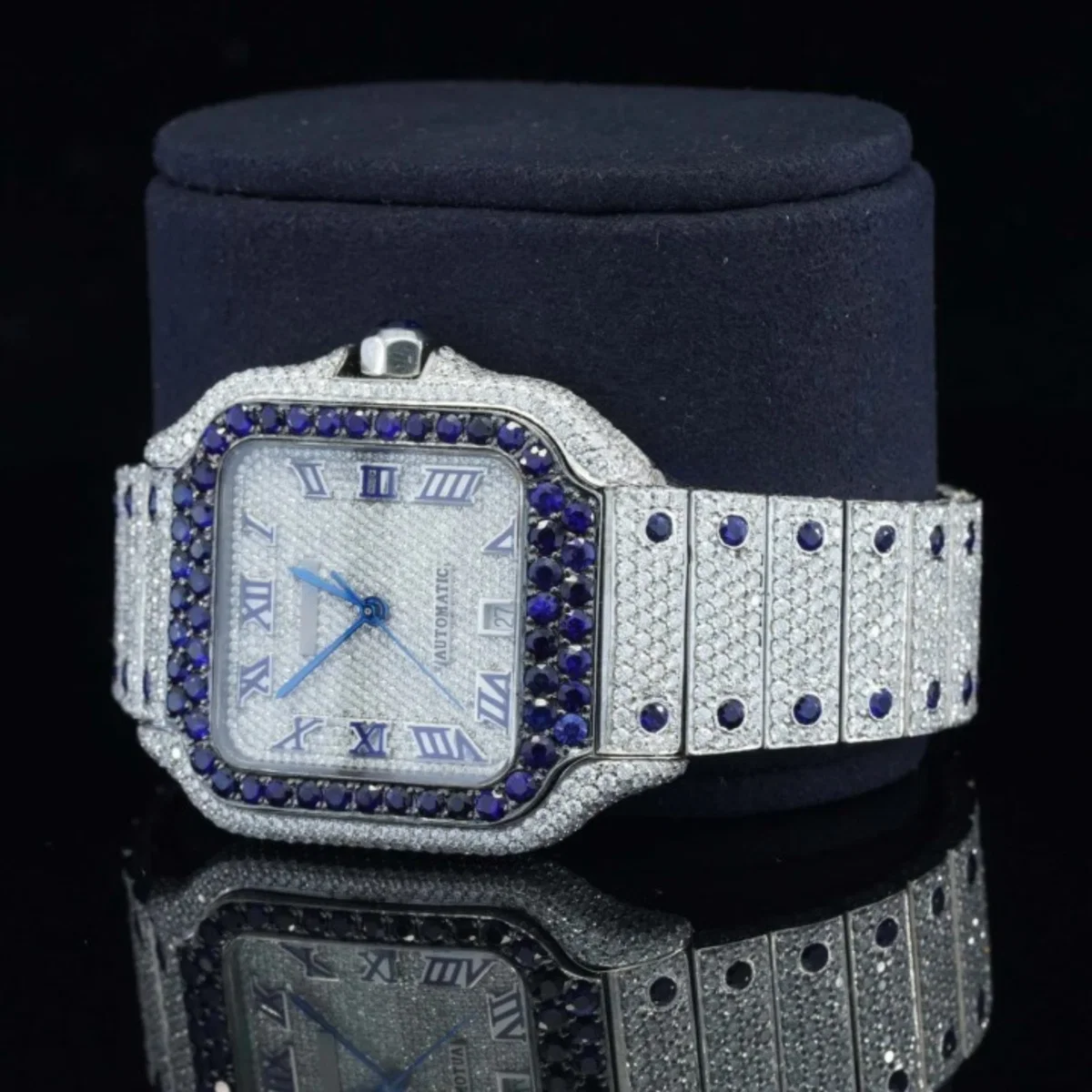 Iced Out Moissanite Watch Automatic Movement Blue And White For Men (view 3 of 5)
