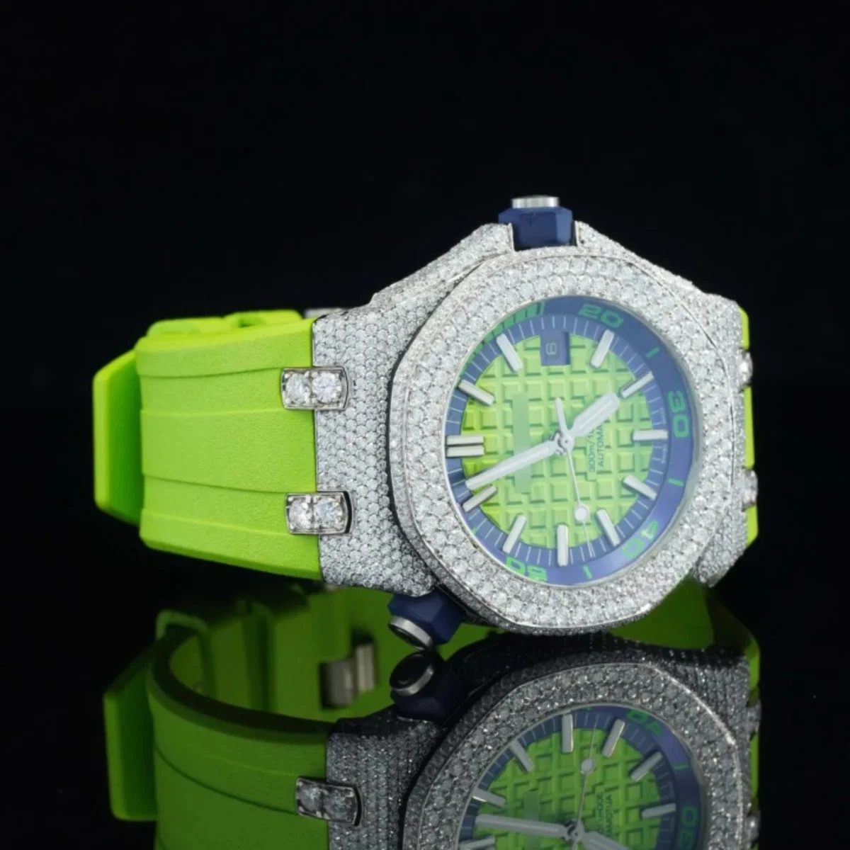 Iced Out Moissanite Watch And Green Color Belt Automatic Watch For Men (view 2 of 4)