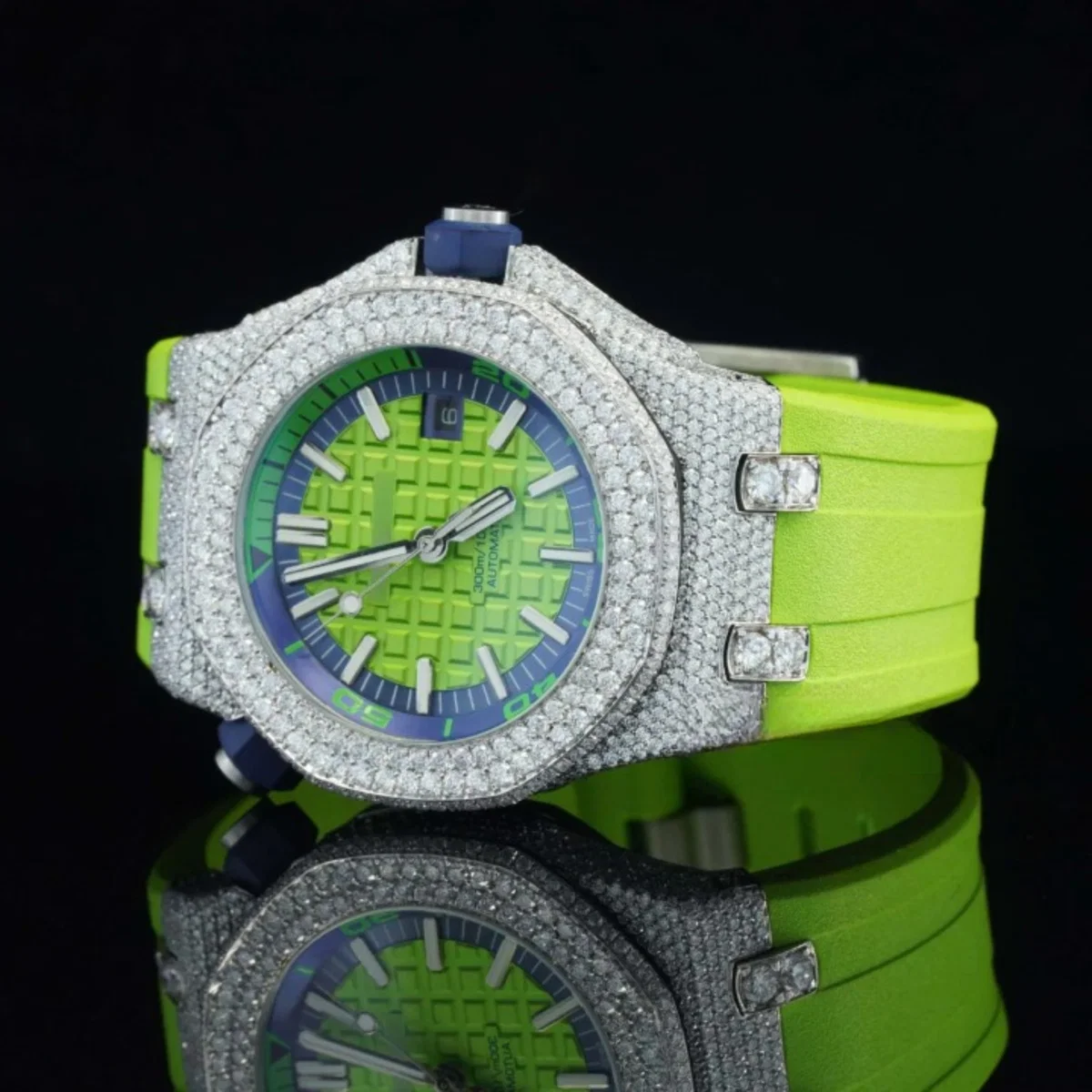 Iced Out Moissanite Watch And Green Color Belt Automatic Watch For Men (view 3 of 4)