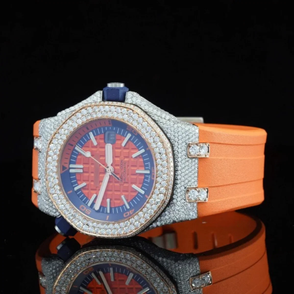 Iced Out Moissanite Watch Orange Color Belt Automatic Watch For Men (view 4 of 5)