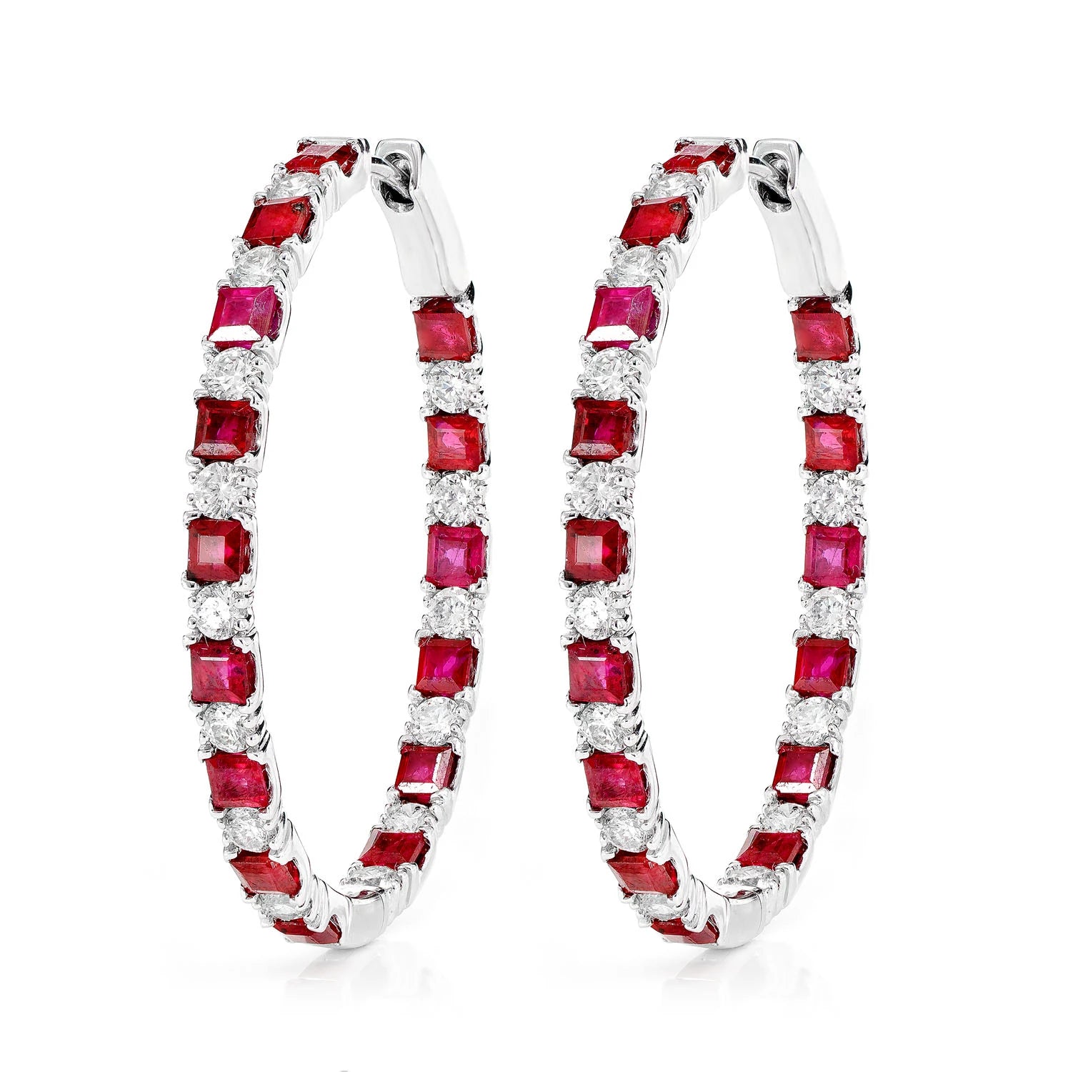 Inside Outside Ruby and Diamond Oval Hoop Earrings - in white gold