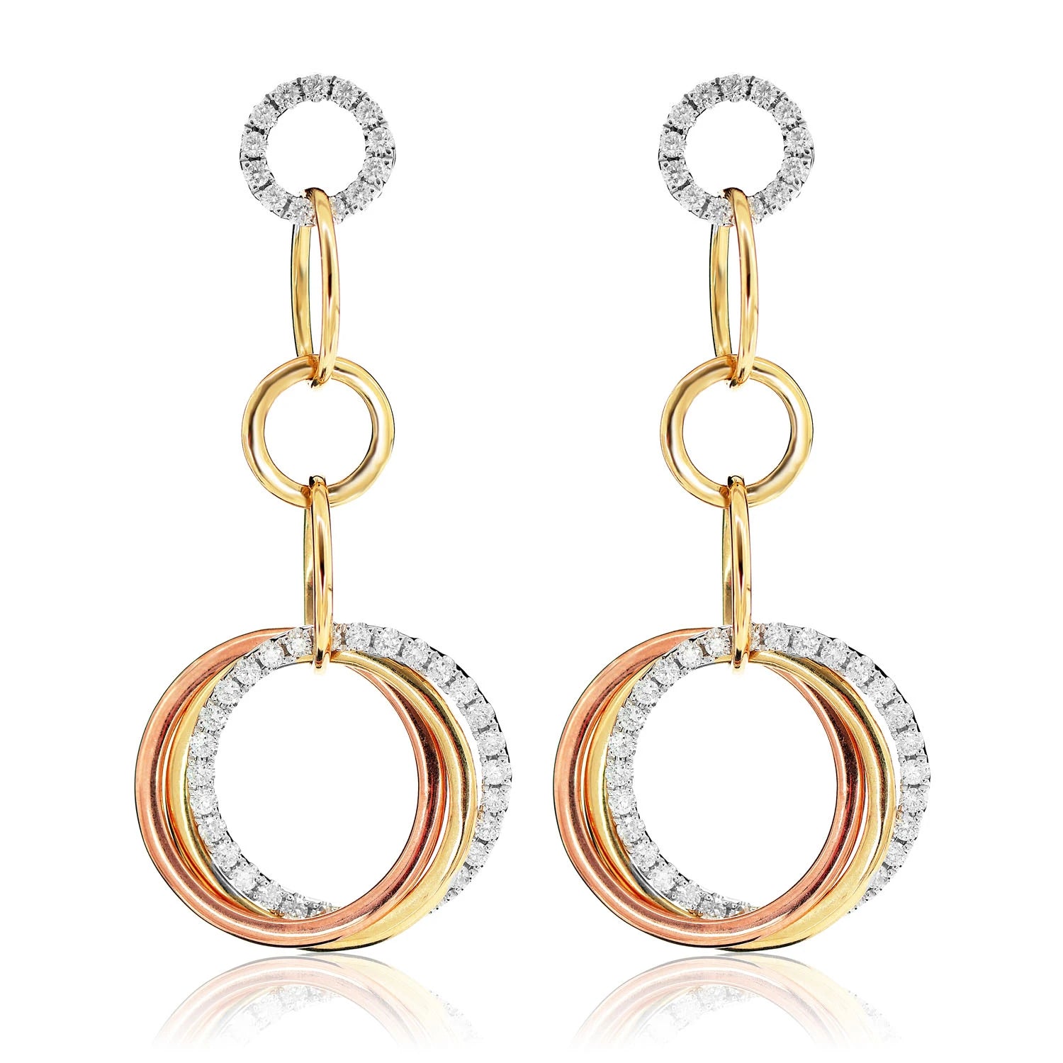 Interlocked Trinity Tri Tone Diamond Dangle Hoop Earrings - in tri-tone gold