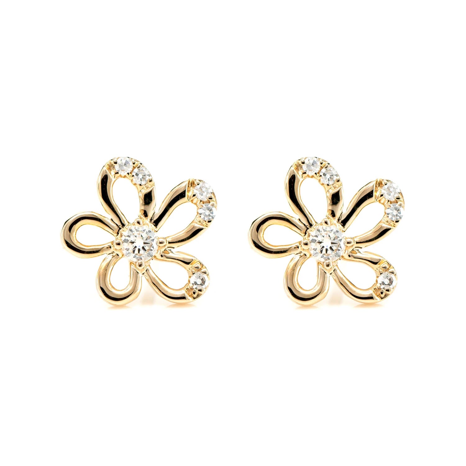 Irregular Flower Diamond Stud Earrings - in yellow gold
