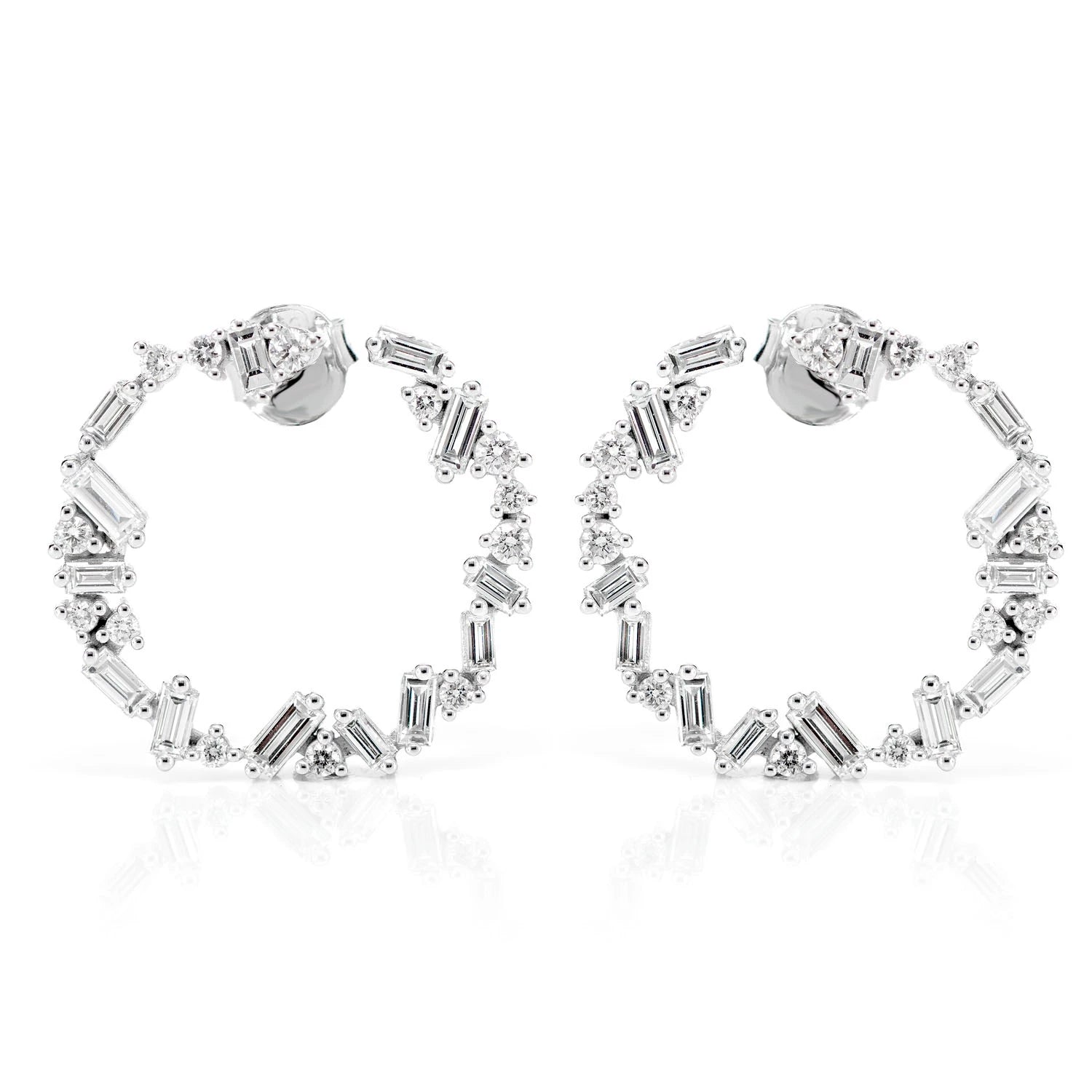 Jagged Round and Baguette Diamond Hoop Earrings - in white gold