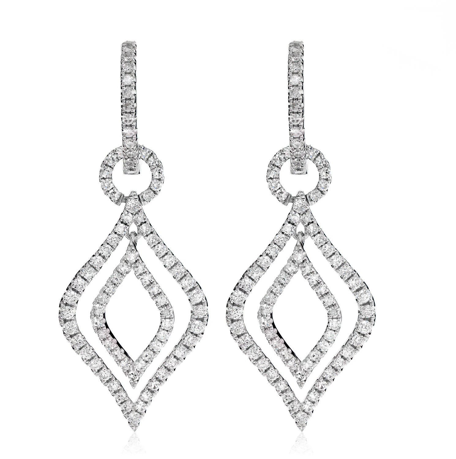 Layered Flame Diamond Dangle Hoop Earrings - in white gold