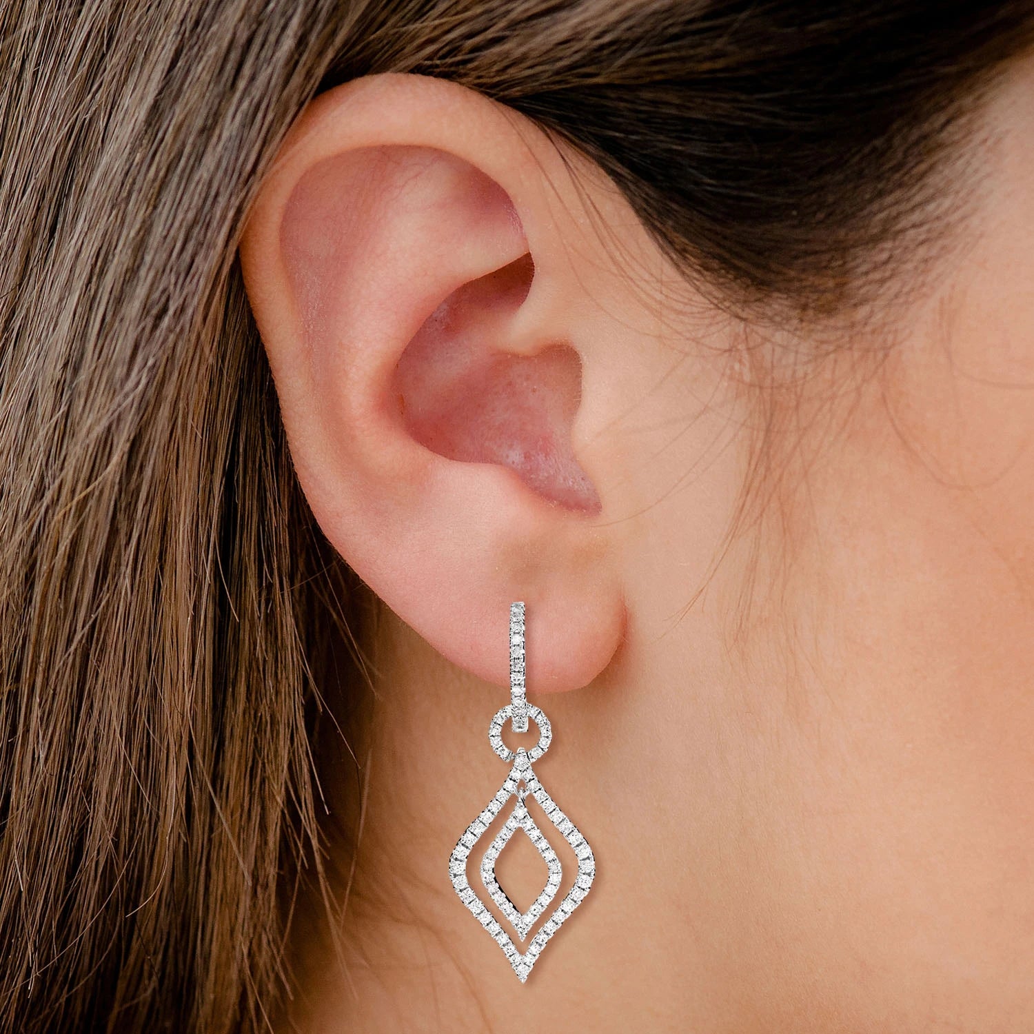 Layered Flame Diamond Dangle Hoop Earrings - in white gold (view 2 of 2)
