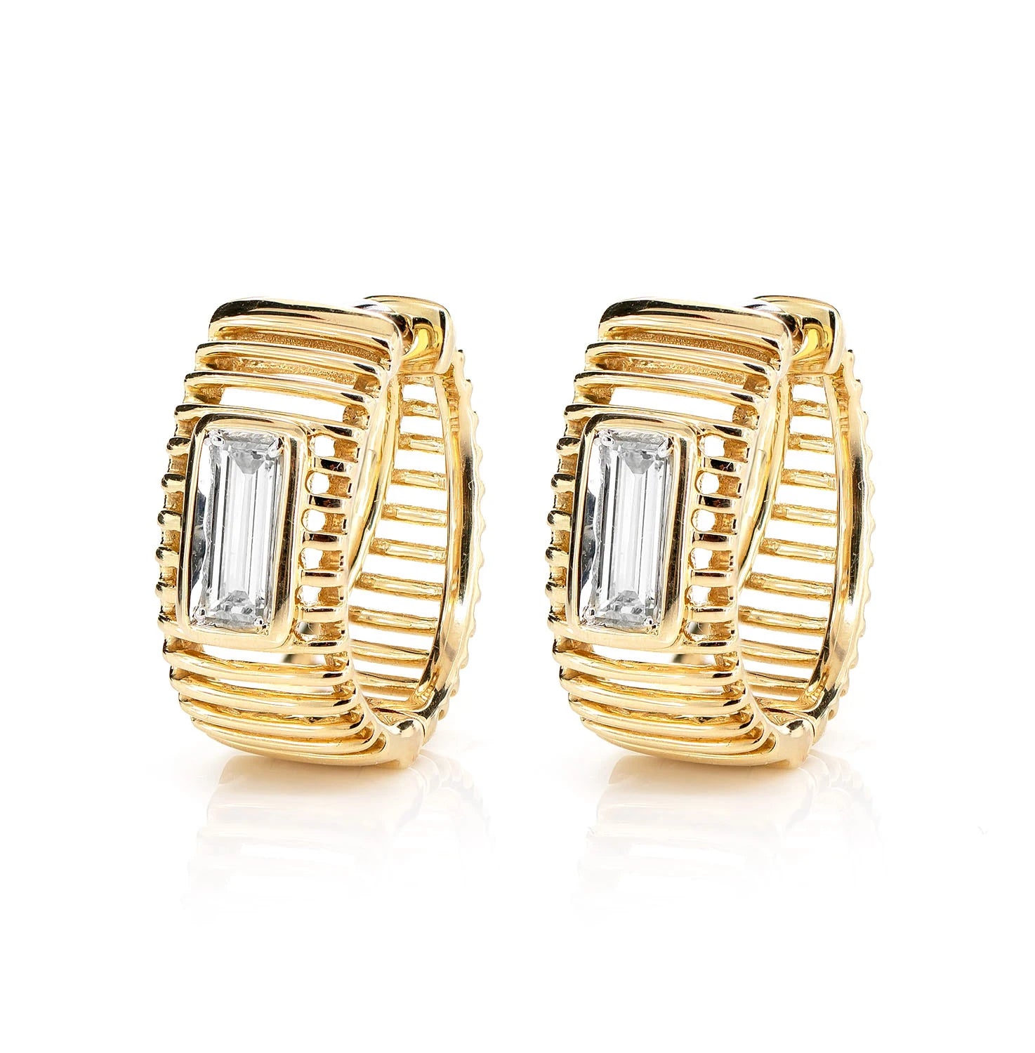 Lined Baguette Diamond Hoop Earrings - in yellow gold