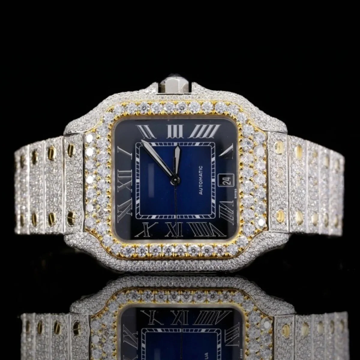 Roman Blue Dial Full Iced Out Automatic Moissanite Watch