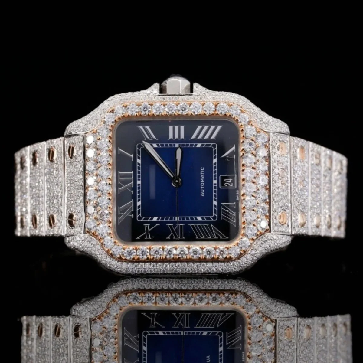 Roman Blue Dial Full Iced Out Automatic Moissanite Watch (view 2 of 6)
