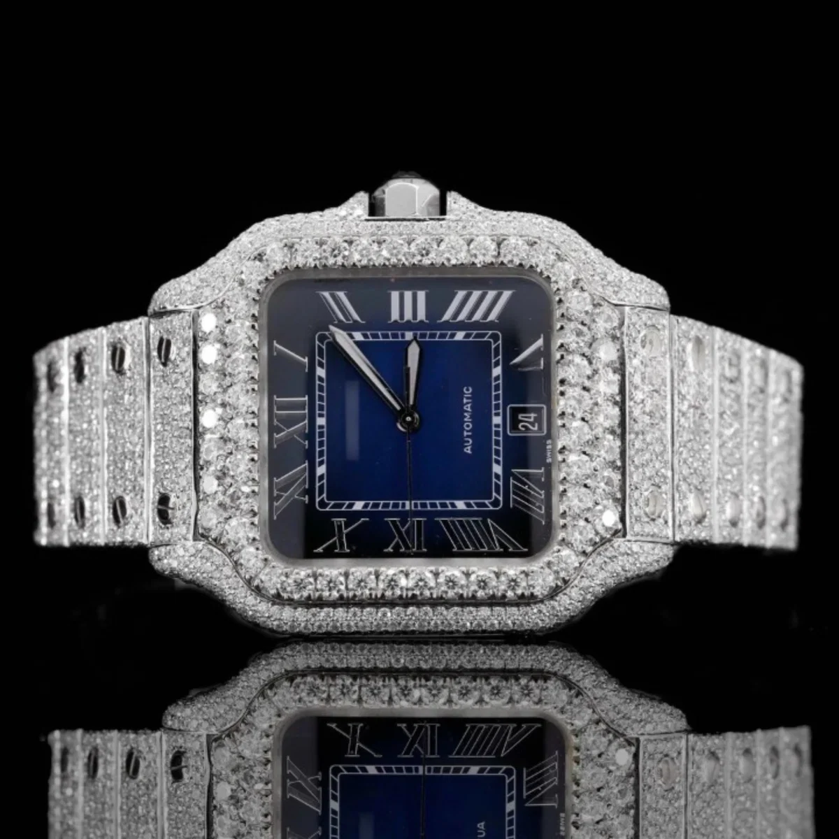 Roman Blue Dial Full Iced Out Automatic Moissanite Watch (view 3 of 6)