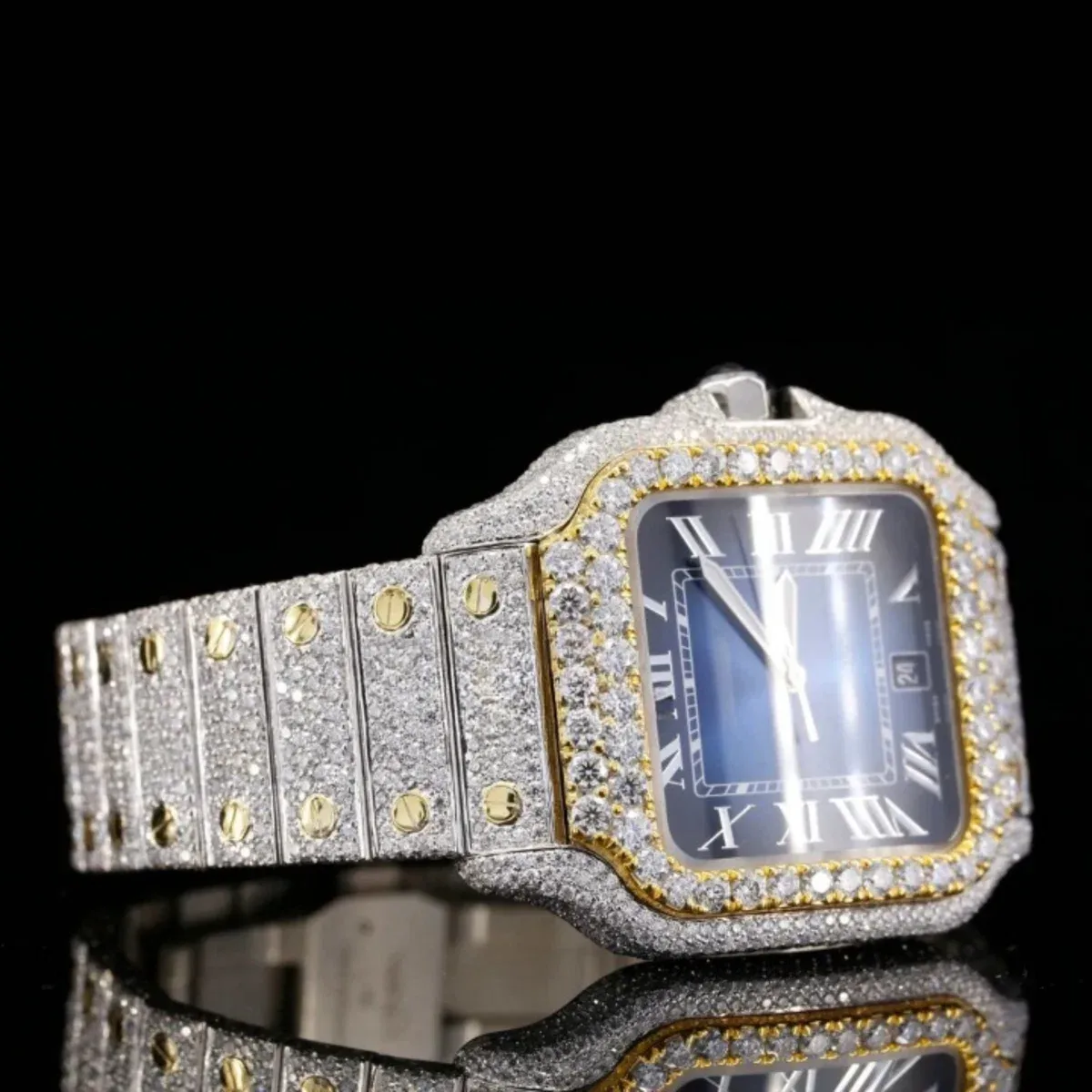 Roman Blue Dial Full Iced Out Automatic Moissanite Watch (view 4 of 6)
