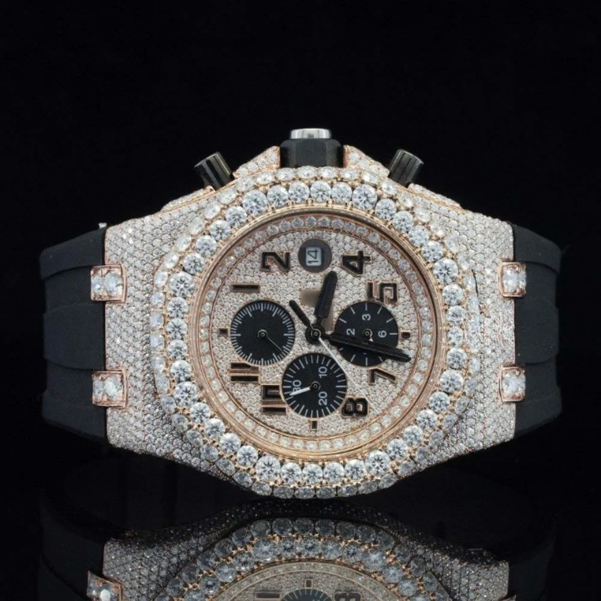 Luxuries Moissanite Watch With Chronograph Black Dial Watch