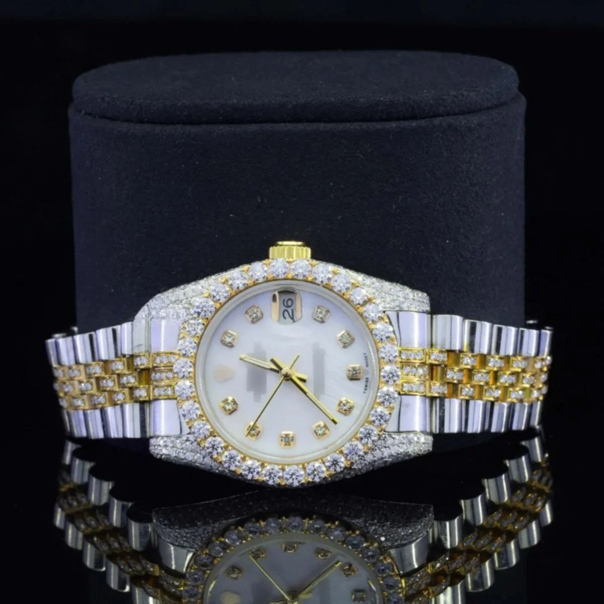Luxurious White Dial Moissanite Watch Automatic Two Tone Watch