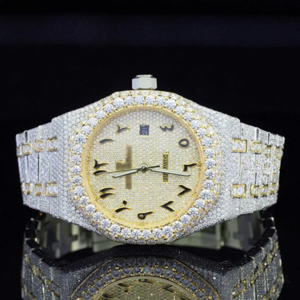 Luxury Moissanite Watch Iced Out Arabic Numericals Automatic Movement For Men