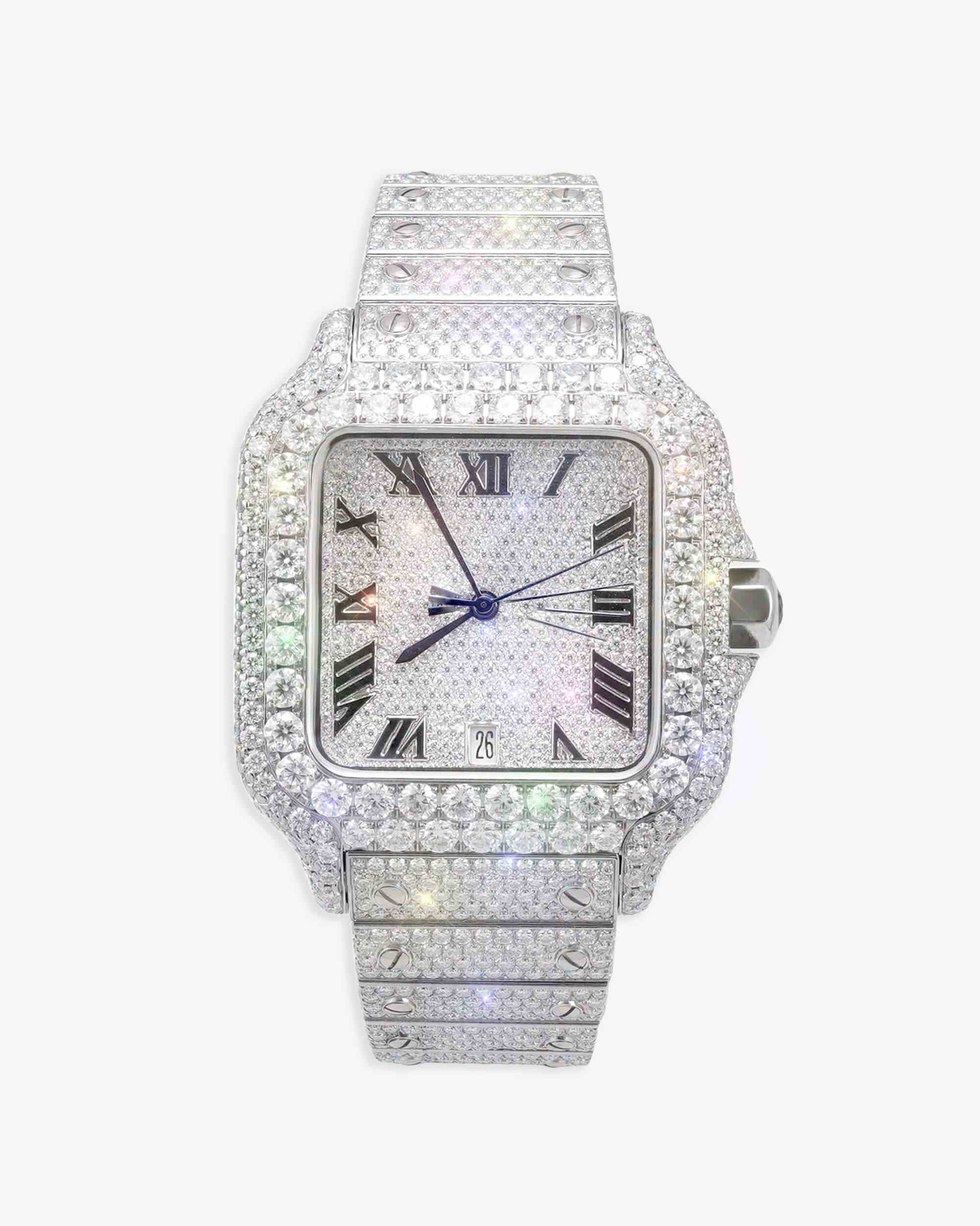 Men's VVS Moissanite Watch | 42MM | 16CT Bust Down | 14K White Gold