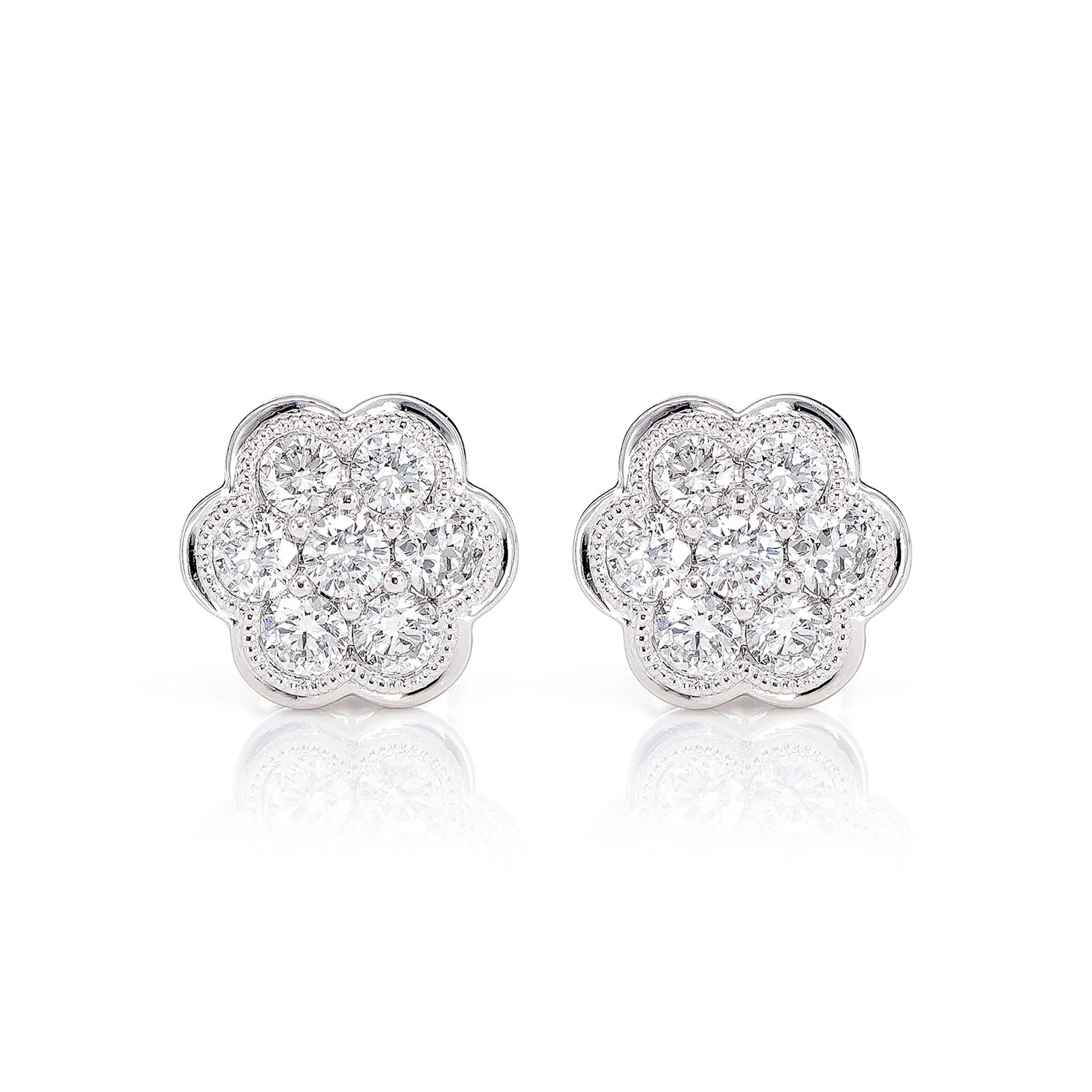 Milgrain Flower Cluster Diamond Stud Earrings - in white gold