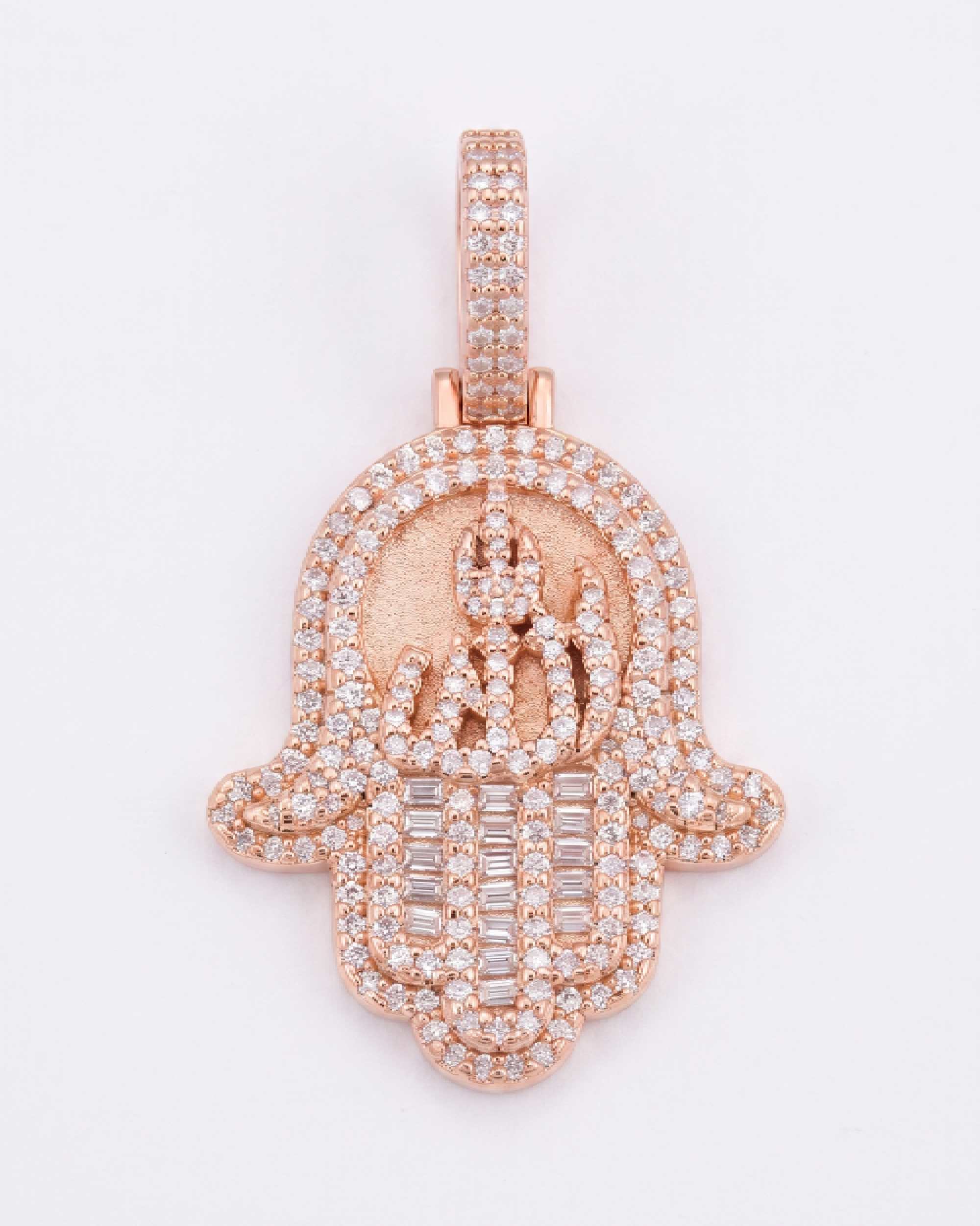 Moissanite Allah Hamsa Hand Pendant 14K Gold (view 9 of 12)
