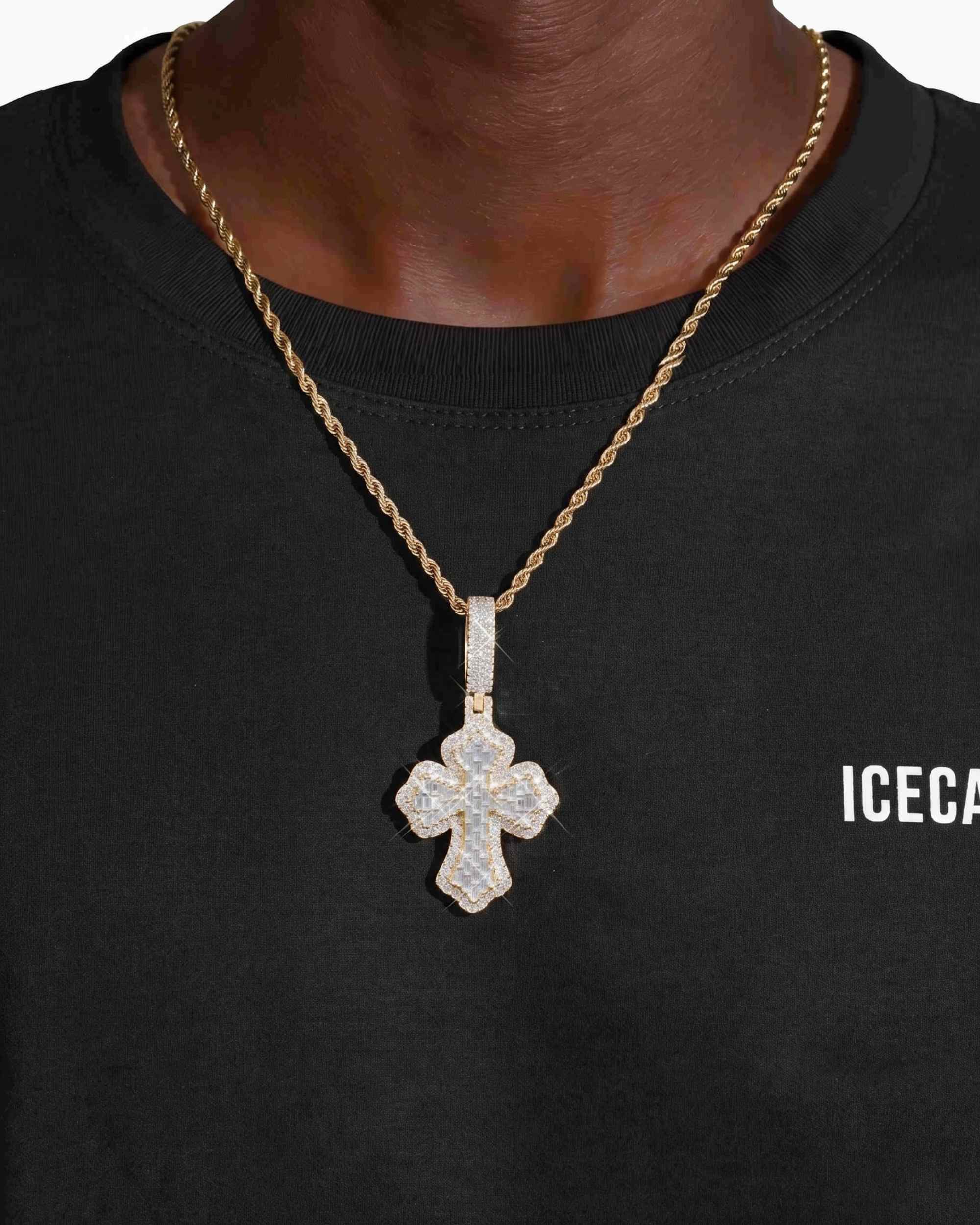 Moissanite Baguette Cross Pendant 14K Gold (view 11 of 12)