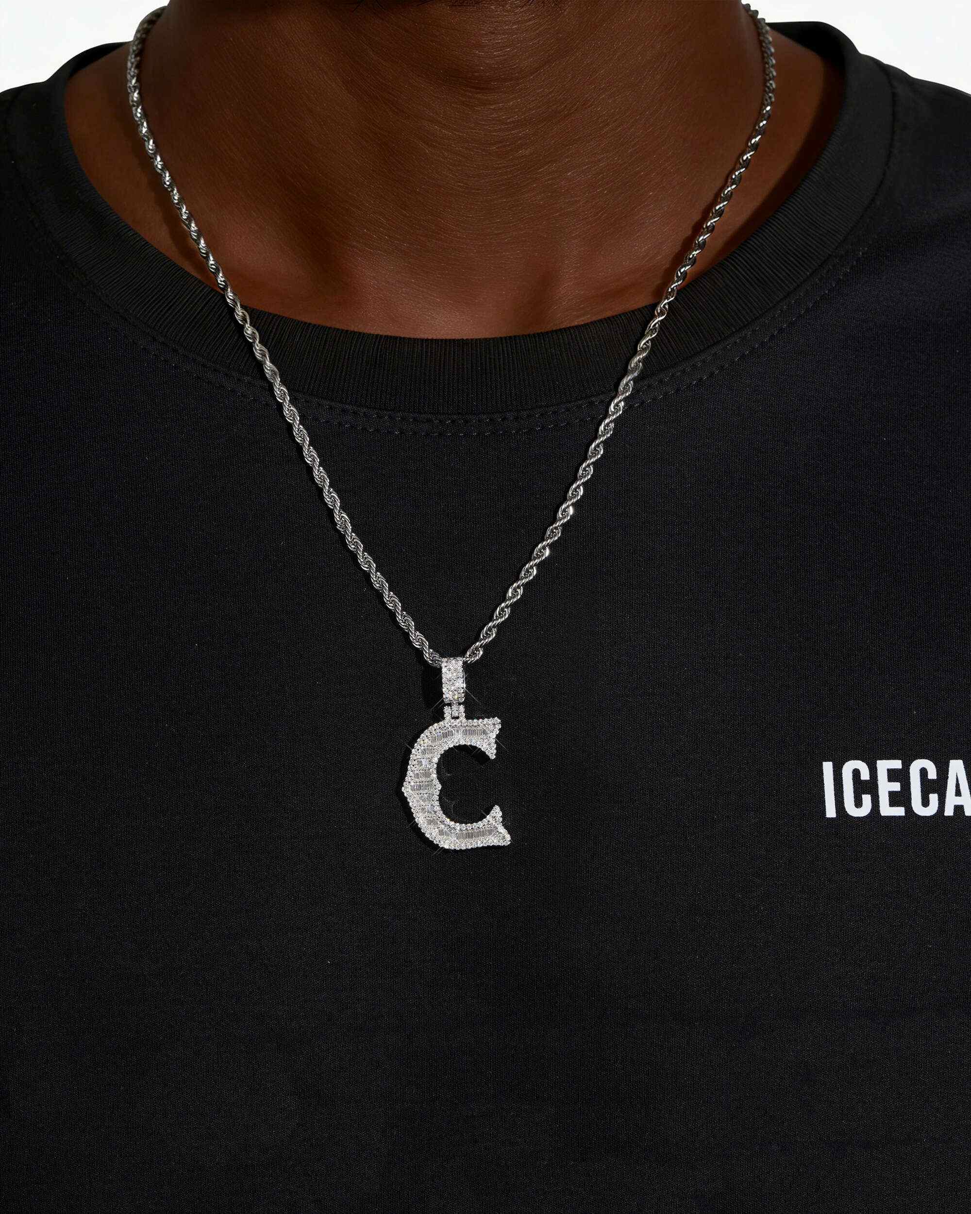 Moissanite Baguette Letter "C" Pendant - in white gold (view 2 of 12)